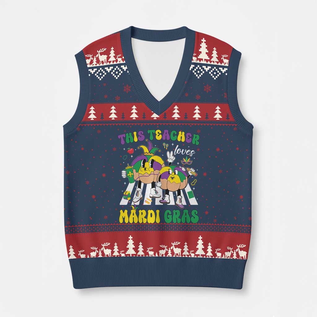 Funny This Teacher Loves Mardi Gras V-Neck Knit Sweater Vest King Cake Jester Hat