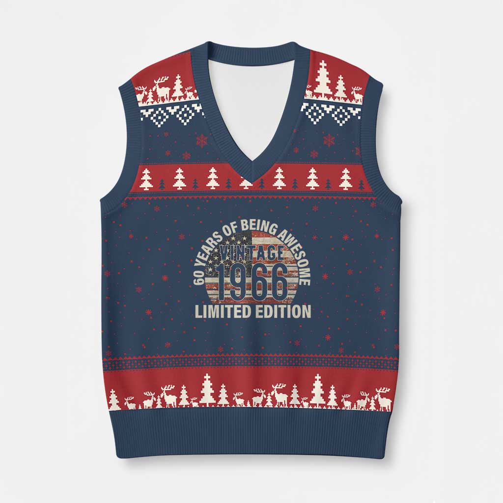 60th Birthday V-Neck Knit Sweater Vest Vintage 1966 Limited Edition 60 Years Of Being Awesome American Flag - Wonder Print Shop