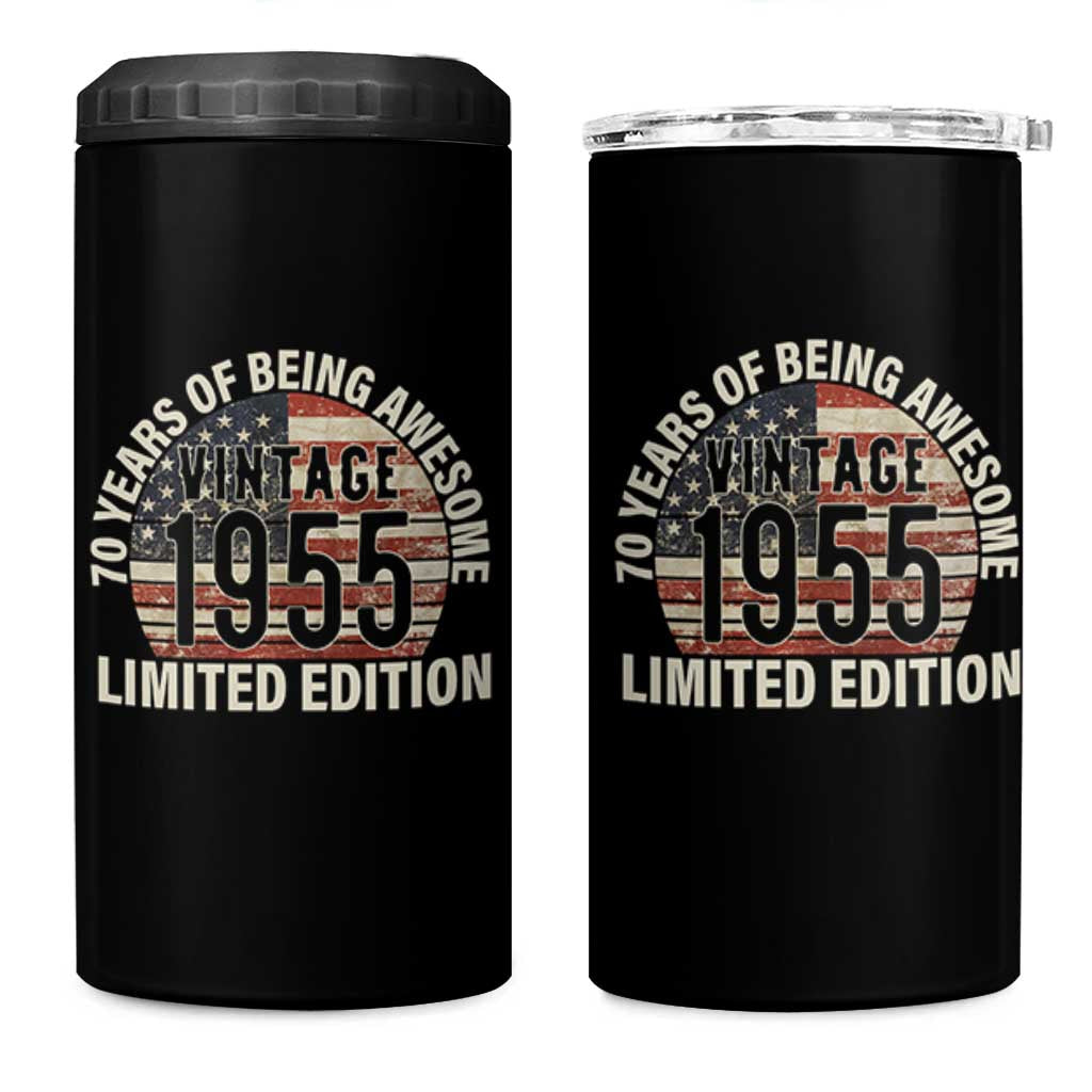70th Birthday 4 in 1 Can Cooler Tumbler Vintage 1955 Limited Edition 70 Years Of Being Awesome American Flag - Wonder Print Shop