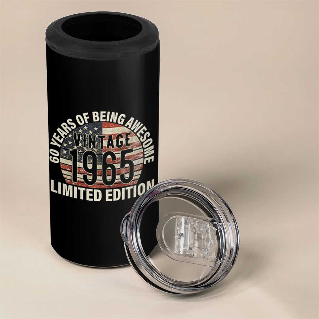 60th Birthday 4 in 1 Can Cooler Tumbler Vintage 1965 Limited Edition 60 Years Of Being Awesome American Flag - Wonder Print Shop