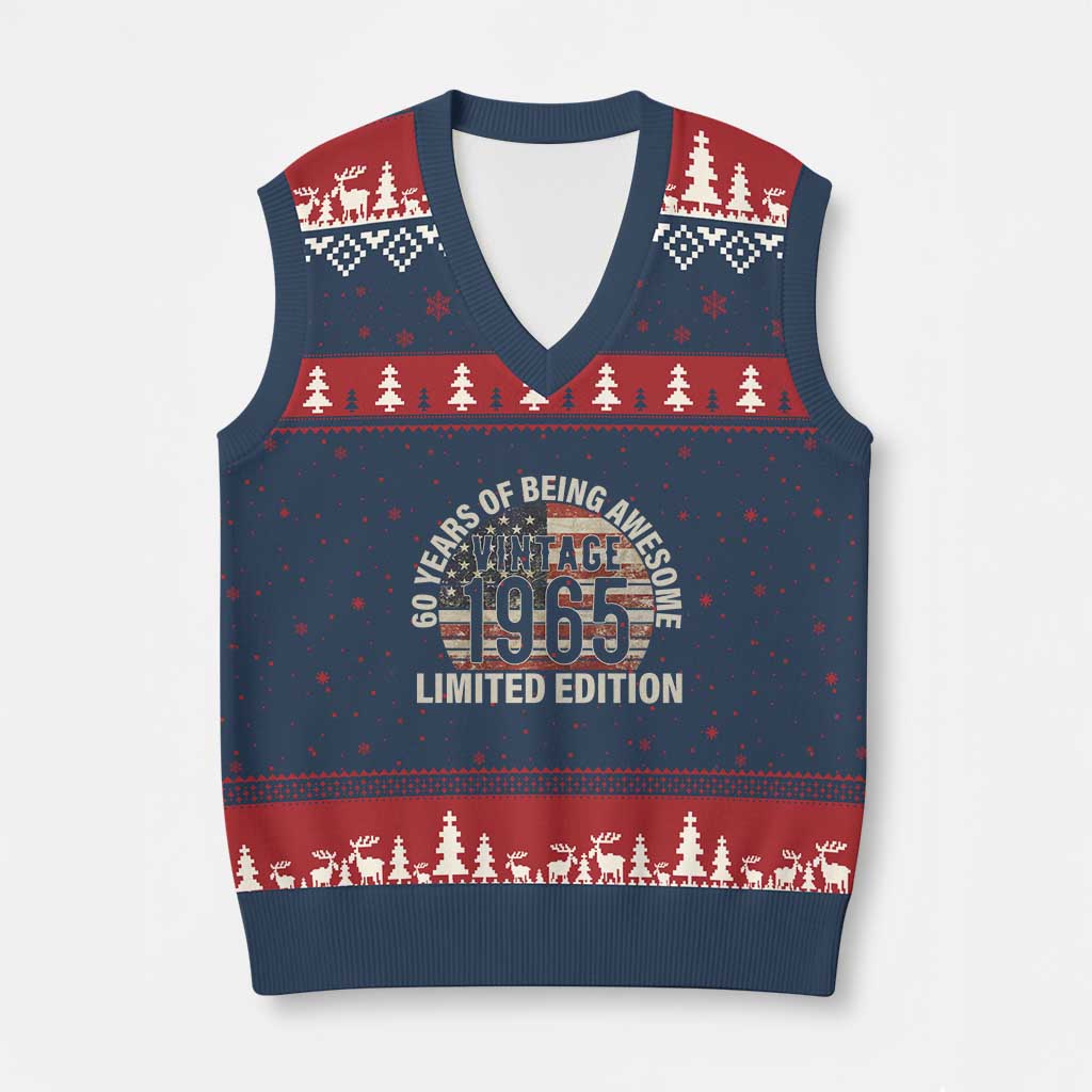 60th Birthday V-Neck Knit Sweater Vest Vintage 1965 Limited Edition 60 Years Of Being Awesome American Flag - Wonder Print Shop