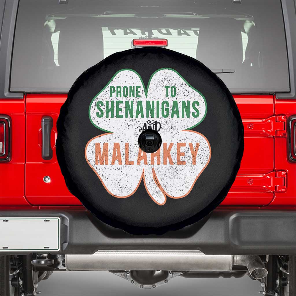 Prone to Shenanigans and Malarkey Spare Tire Cover Funny St Patricks Day Shamrock