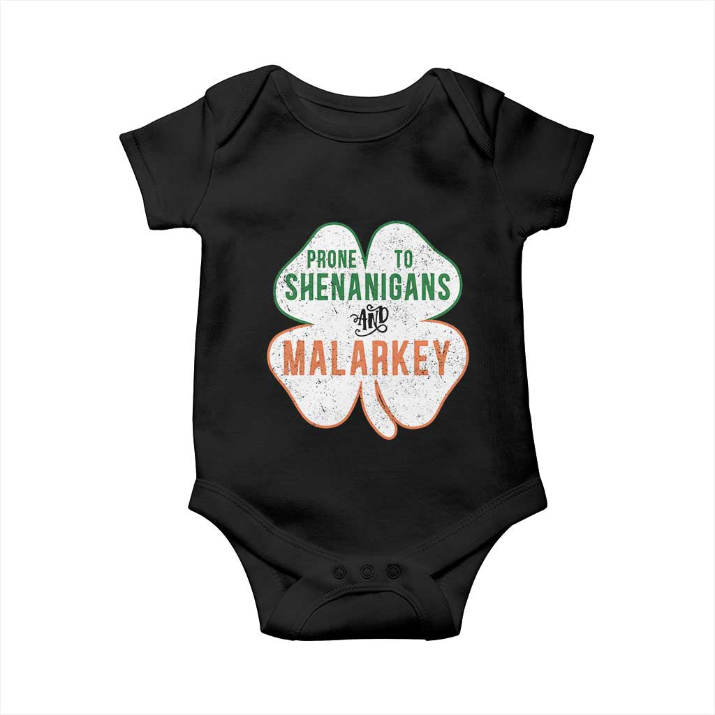Prone to Shenanigans and Malarkey Baby Onesie Funny St Patricks Day Shamrock