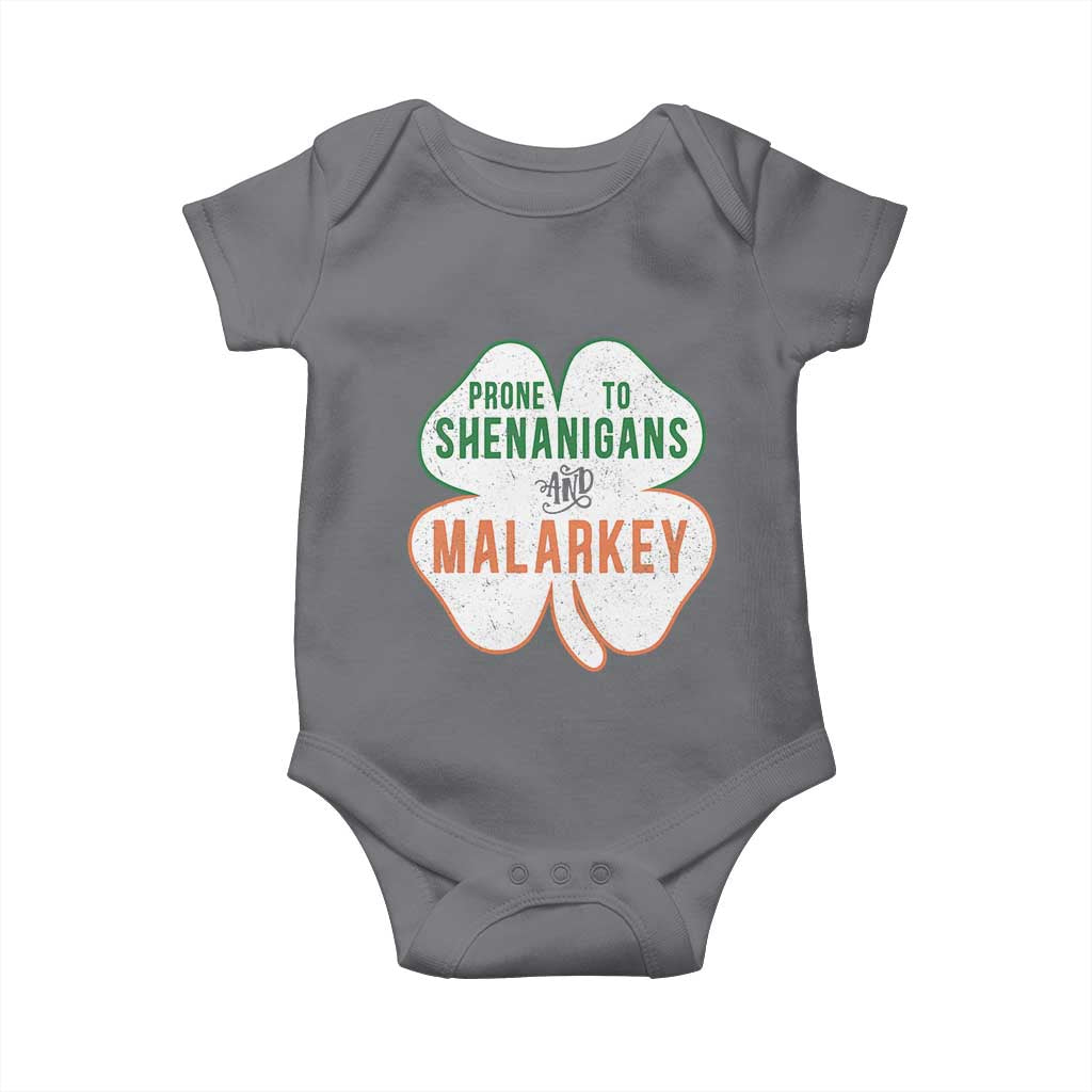 Prone to Shenanigans and Malarkey Baby Onesie Funny St Patricks Day Shamrock