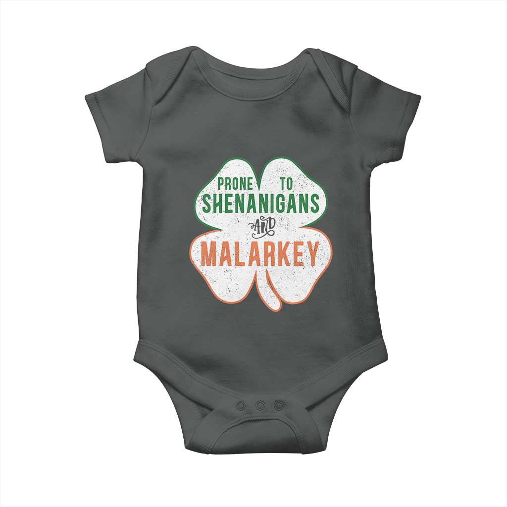 Prone to Shenanigans and Malarkey Baby Onesie Funny St Patricks Day Shamrock