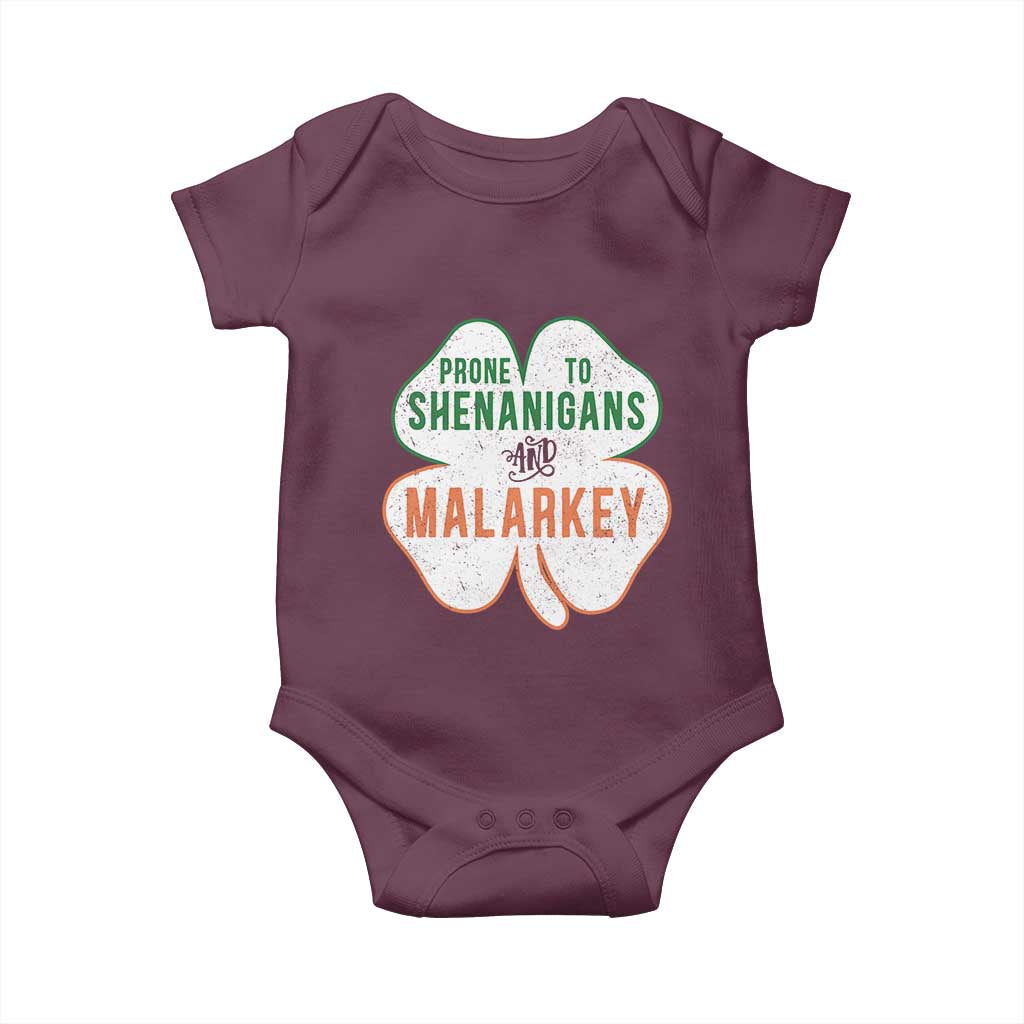 Prone to Shenanigans and Malarkey Baby Onesie Funny St Patricks Day Shamrock