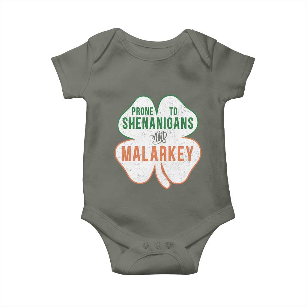 Prone to Shenanigans and Malarkey Baby Onesie Funny St Patricks Day Shamrock