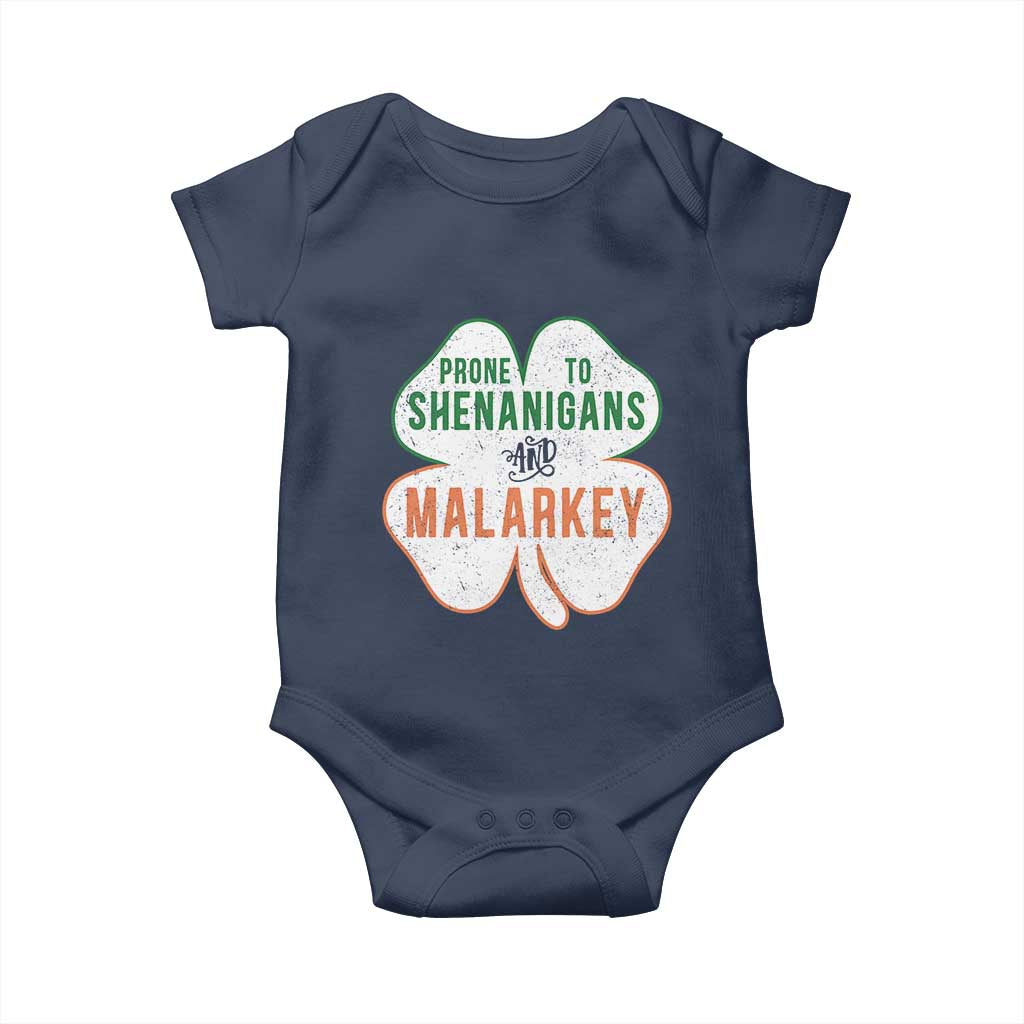 Prone to Shenanigans and Malarkey Baby Onesie Funny St Patricks Day Shamrock