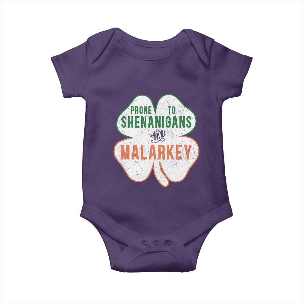 Prone to Shenanigans and Malarkey Baby Onesie Funny St Patricks Day Shamrock