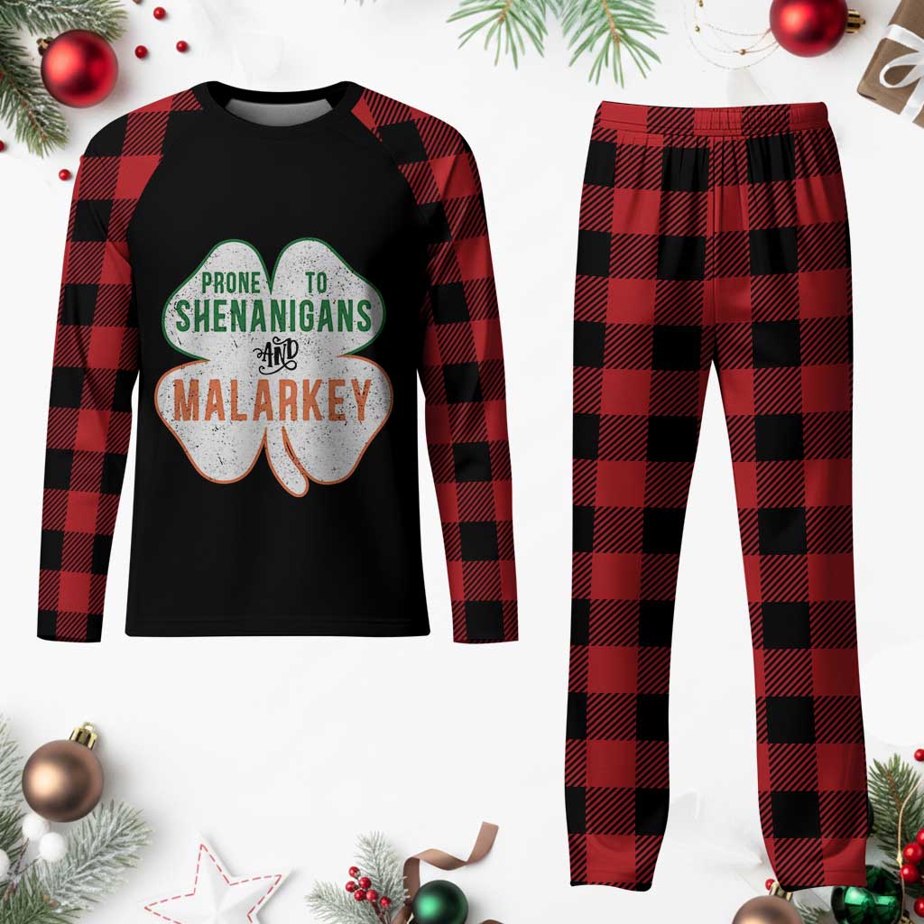 Prone to Shenanigans and Malarkey Plaid Pajama Set Funny St Patricks Day Shamrock