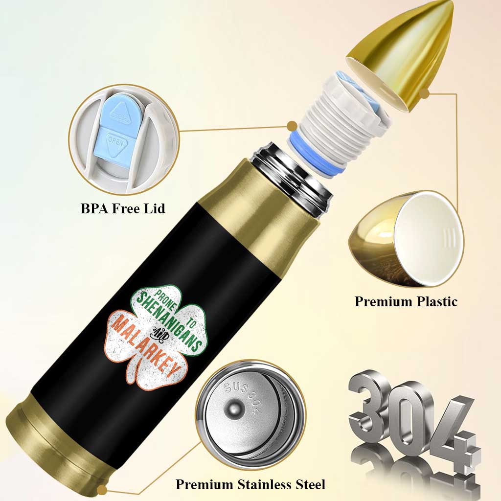 Prone to Shenanigans and Malarkey Bullet Tumbler Funny St Patricks Day Shamrock