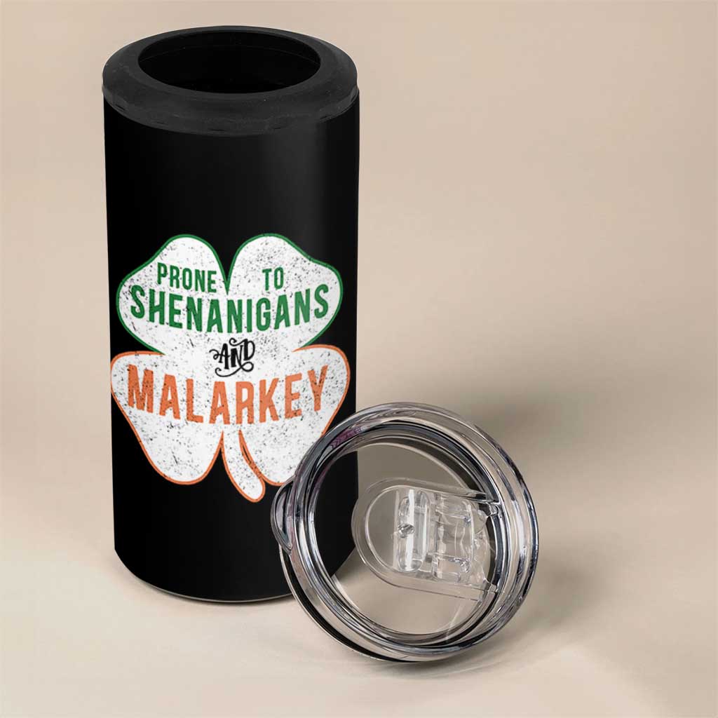 Prone to Shenanigans and Malarkey 4 in 1 Can Cooler Tumbler Funny St Patricks Day Shamrock