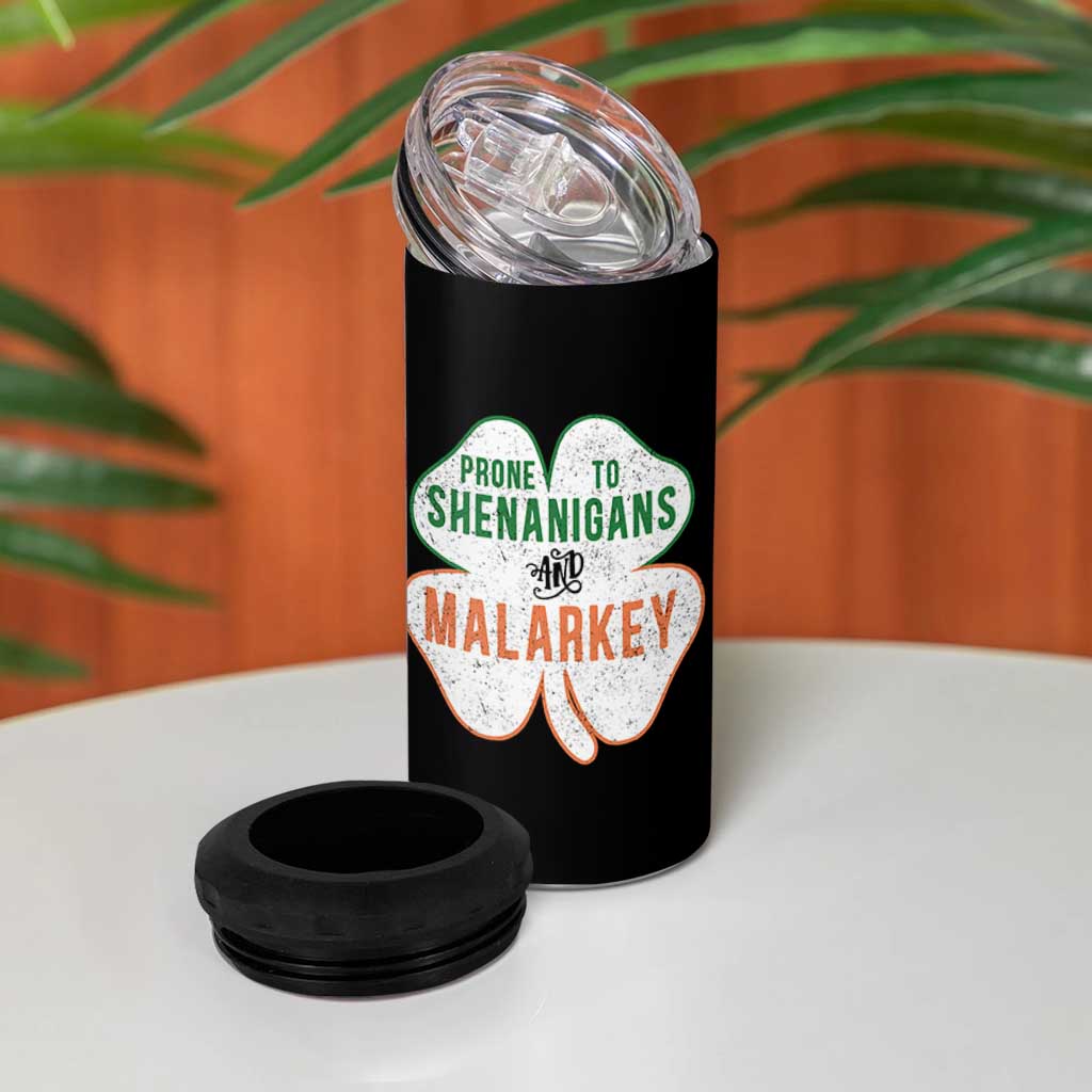 Prone to Shenanigans and Malarkey 4 in 1 Can Cooler Tumbler Funny St Patricks Day Shamrock