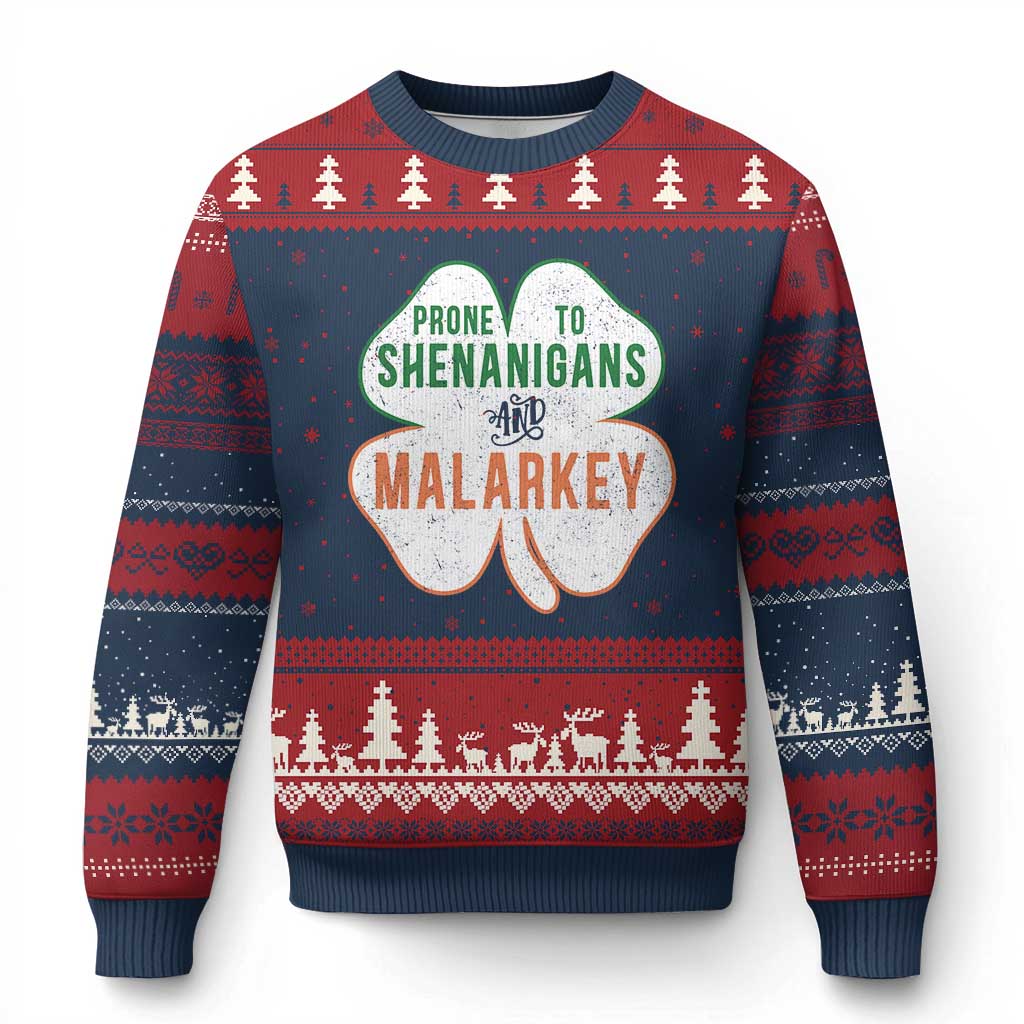 Prone to Shenanigans and Malarkey Ugly Christmas Sweater Funny St Patricks Day Shamrock