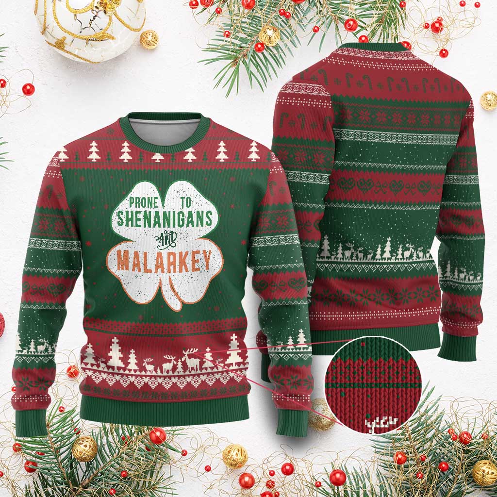 Prone to Shenanigans and Malarkey Ugly Christmas Sweater Funny St Patricks Day Shamrock