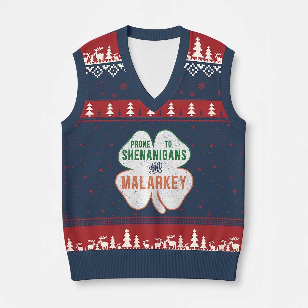 Prone to Shenanigans and Malarkey V-Neck Knit Sweater Vest Funny St Patricks Day Shamrock