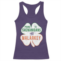 Prone to Shenanigans and Malarkey Racerback Tank Top Funny St Patricks Day Shamrock