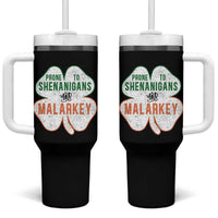 Prone to Shenanigans and Malarkey Tumbler With Handle Funny St Patricks Day Shamrock