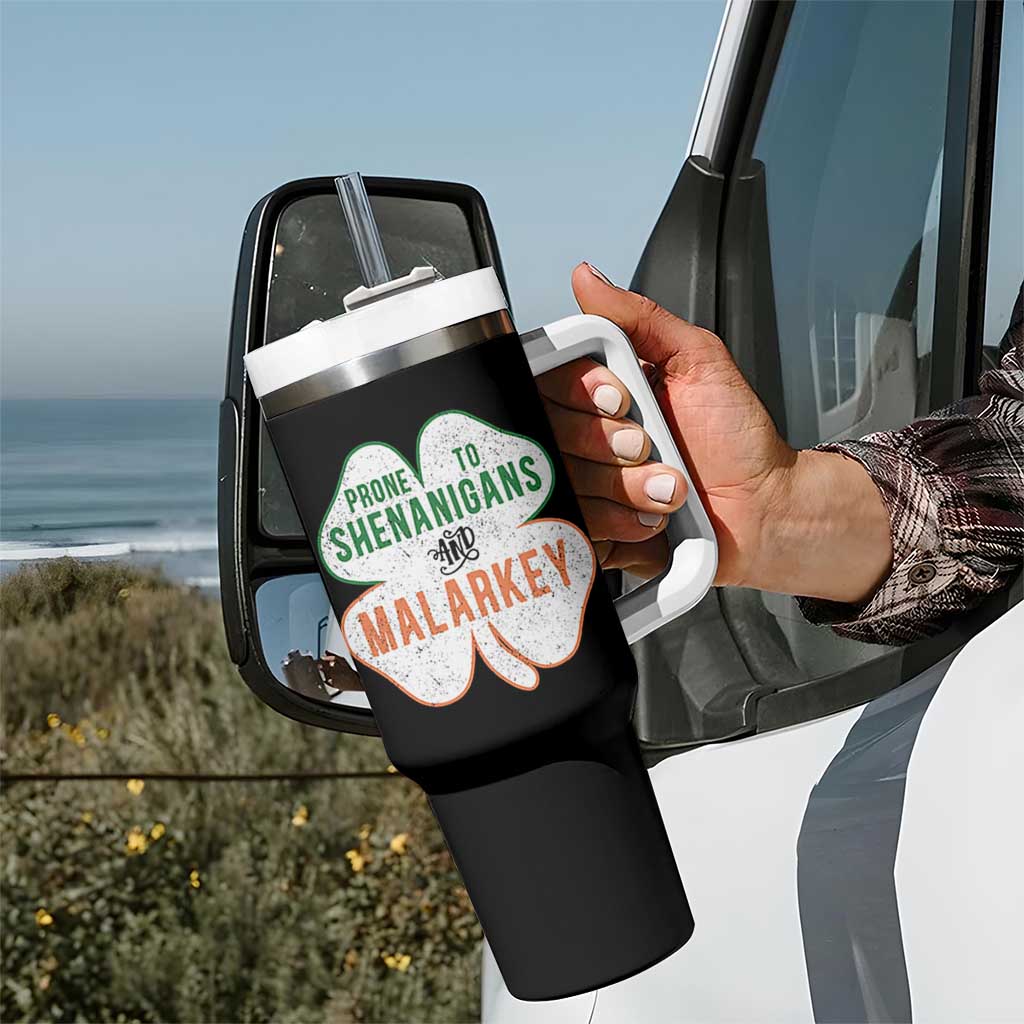 Prone to Shenanigans and Malarkey Tumbler With Handle Funny St Patricks Day Shamrock
