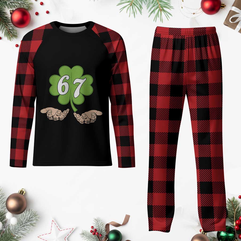 67 St Patricks Day Plaid Pajama Set Six Seven Meme Shamrock Hand Gesture