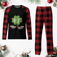 67 St Patricks Day Plaid Pajama Set Six Seven Meme Shamrock Hand Gesture