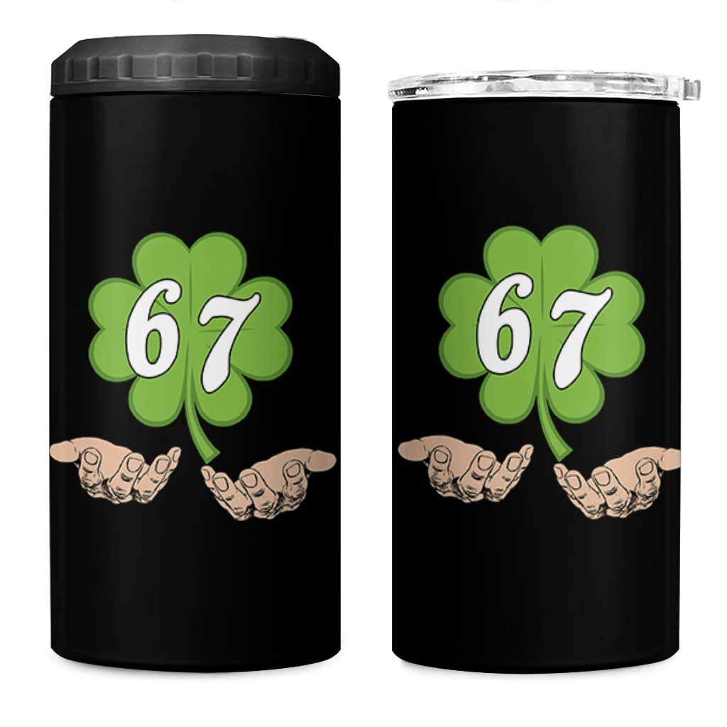 67 St Patricks Day 4 in 1 Can Cooler Tumbler Six Seven Meme Shamrock Hand Gesture