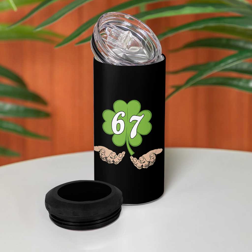 67 St Patricks Day 4 in 1 Can Cooler Tumbler Six Seven Meme Shamrock Hand Gesture