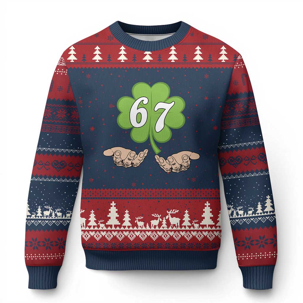 67 St Patricks Day Ugly Christmas Sweater Six Seven Meme Shamrock Hand Gesture