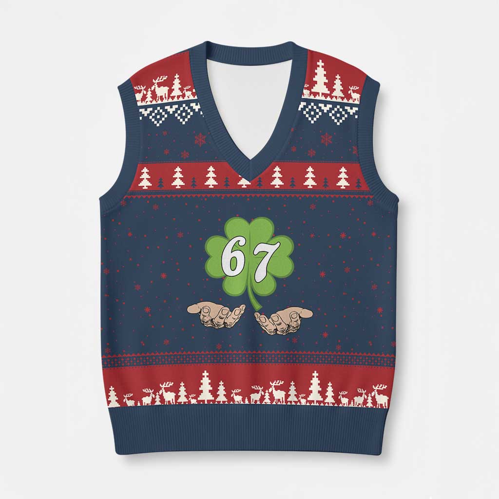 67 St Patricks Day V-Neck Knit Sweater Vest Six Seven Meme Shamrock Hand Gesture