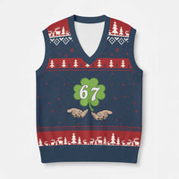 67 St Patricks Day V-Neck Knit Sweater Vest Six Seven Meme Shamrock Hand Gesture