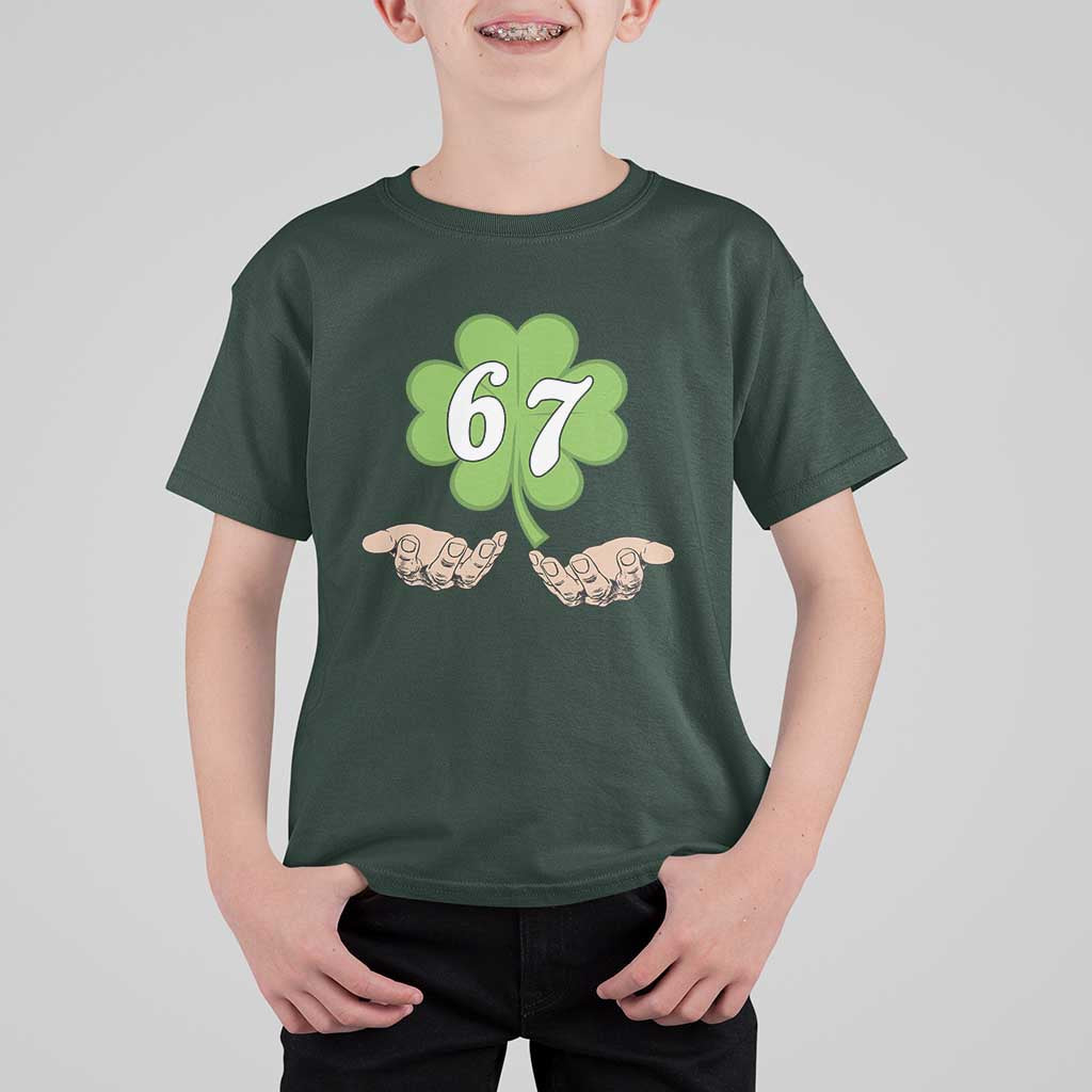 67 St Patricks Day T Shirt For Kid Six Seven Meme Shamrock Hand Gesture
