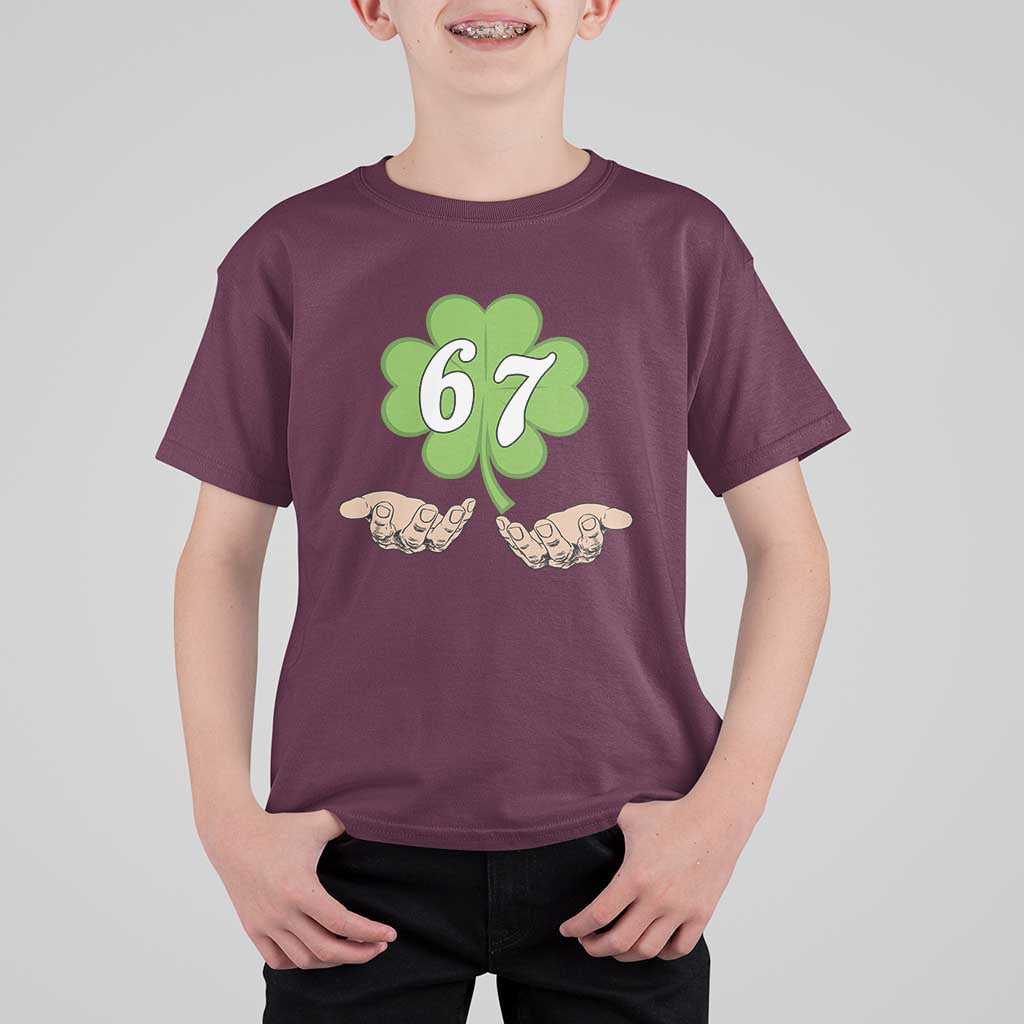 67 St Patricks Day T Shirt For Kid Six Seven Meme Shamrock Hand Gesture
