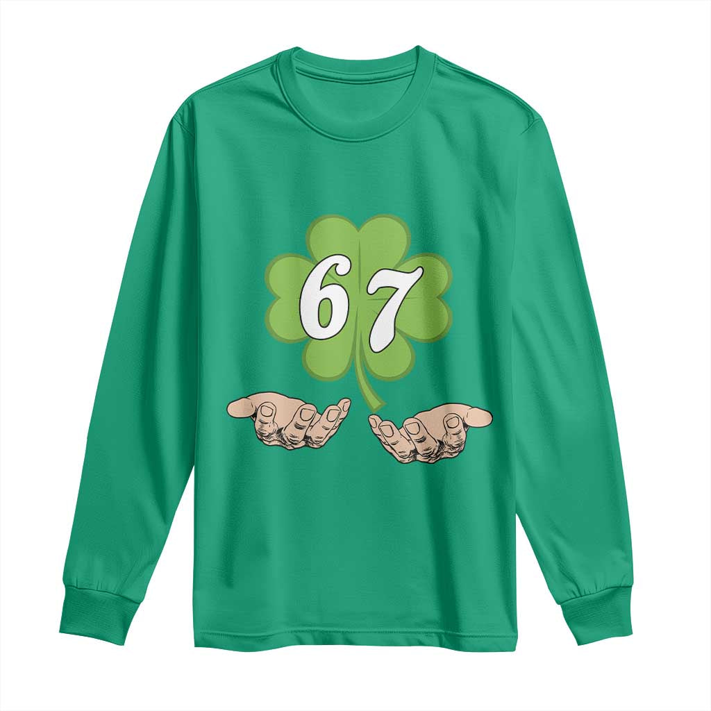 67 St Patricks Day Long Sleeve Shirt Six Seven Meme Shamrock Hand Gesture