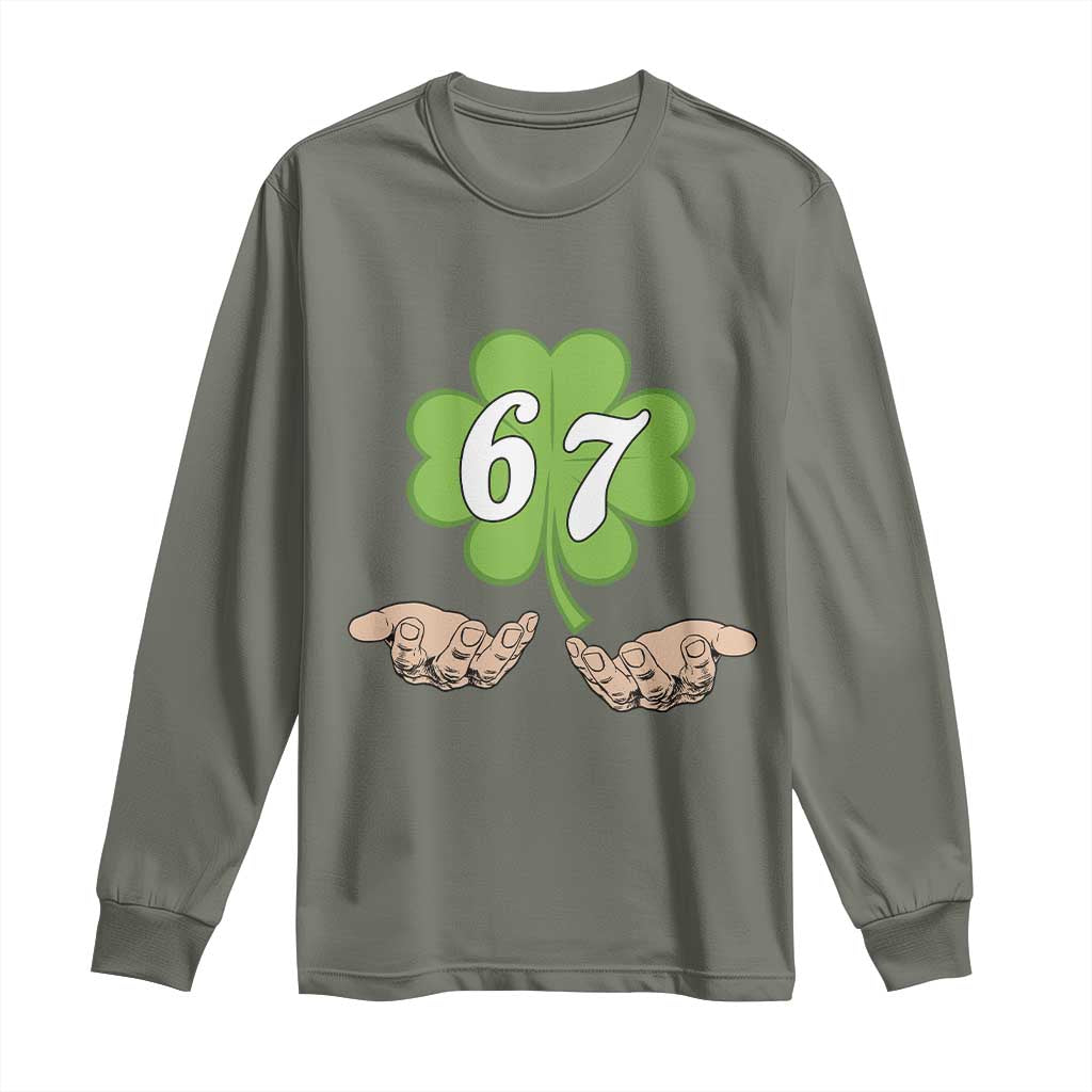 67 St Patricks Day Long Sleeve Shirt Six Seven Meme Shamrock Hand Gesture