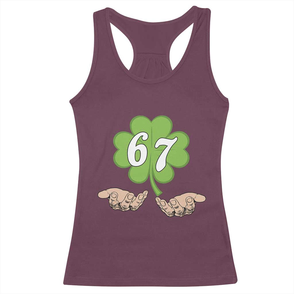67 St Patricks Day Racerback Tank Top Six Seven Meme Shamrock Hand Gesture