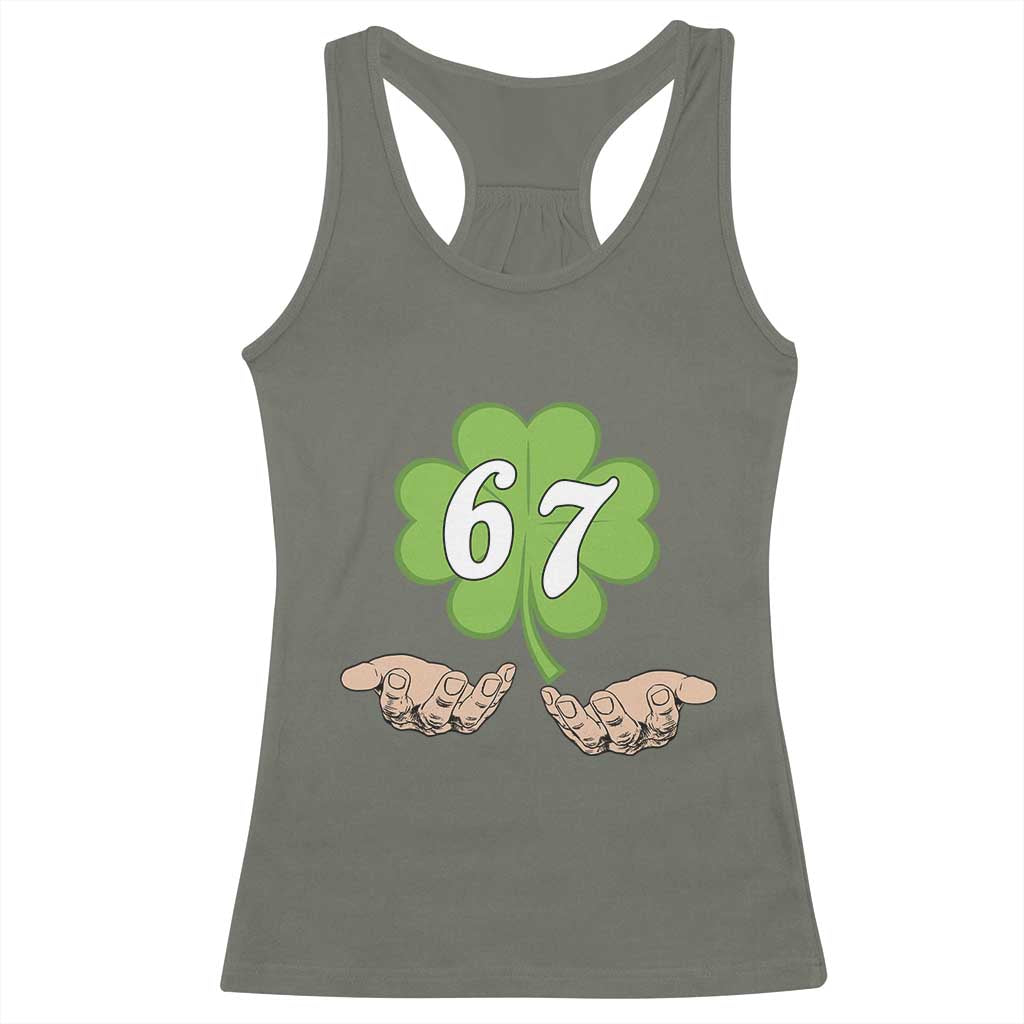 67 St Patricks Day Racerback Tank Top Six Seven Meme Shamrock Hand Gesture