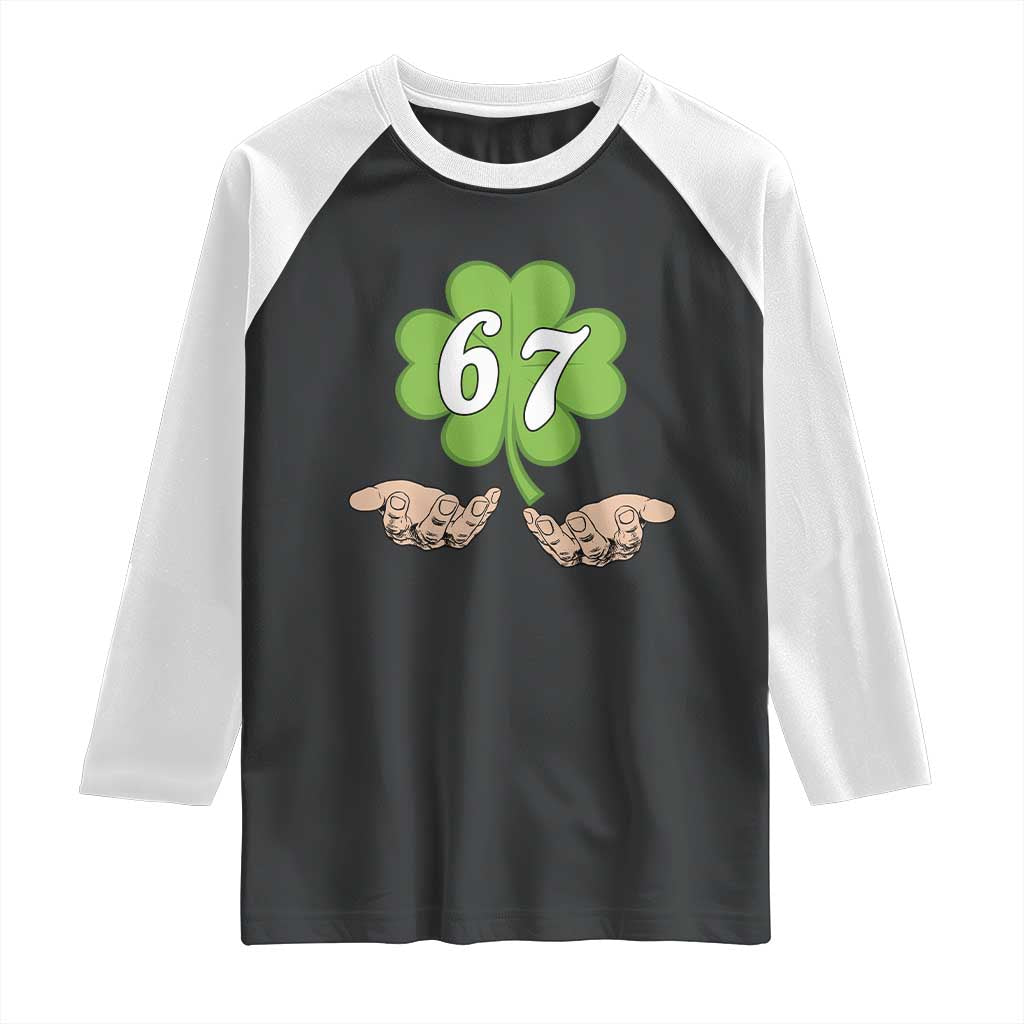 67 St Patricks Day Raglan Shirt Six Seven Meme Shamrock Hand Gesture