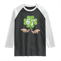 67 St Patricks Day Raglan Shirt Six Seven Meme Shamrock Hand Gesture