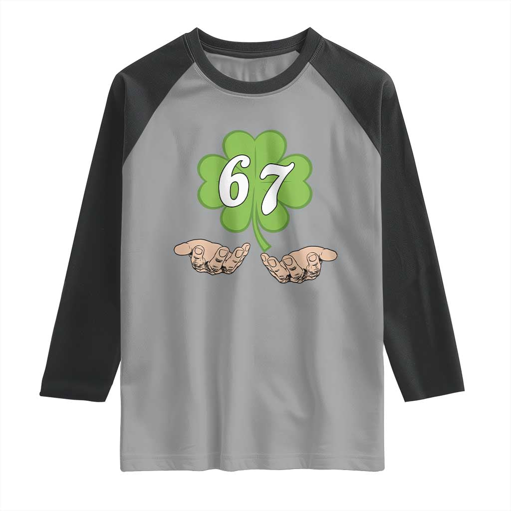67 St Patricks Day Raglan Shirt Six Seven Meme Shamrock Hand Gesture