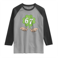 67 St Patricks Day Raglan Shirt Six Seven Meme Shamrock Hand Gesture