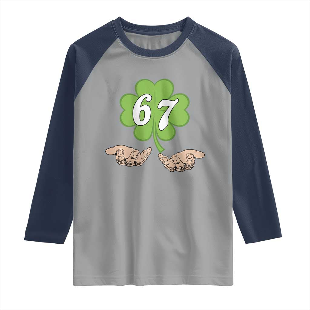 67 St Patricks Day Raglan Shirt Six Seven Meme Shamrock Hand Gesture
