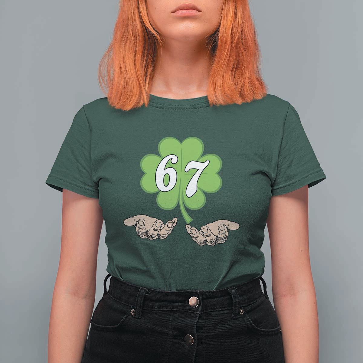 67 St Patricks Day T Shirt For Women Six Seven Meme Shamrock Hand Gesture