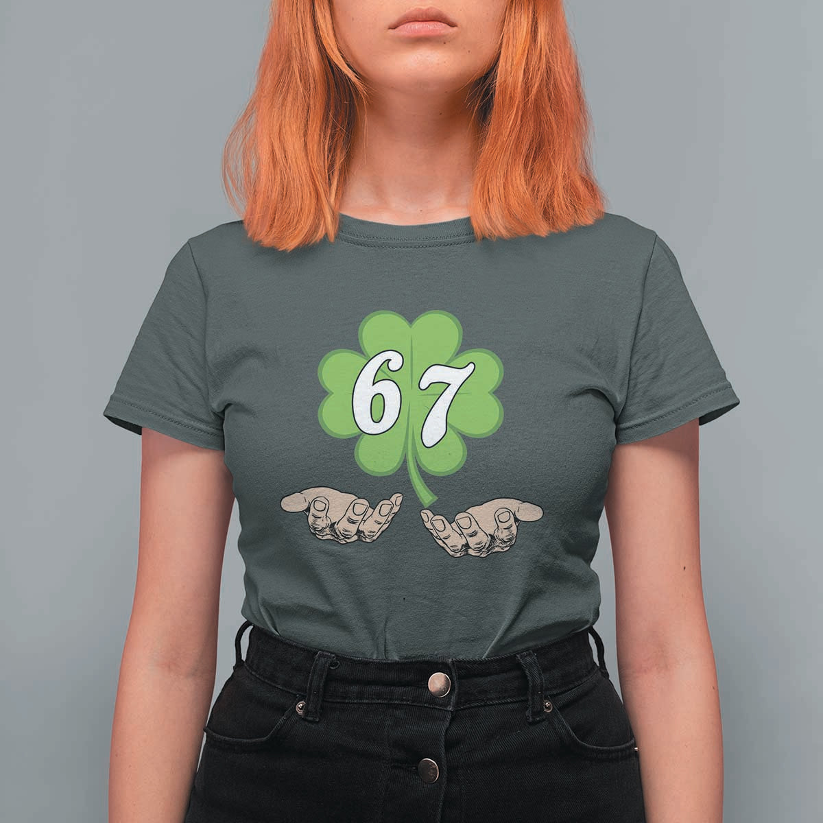 67 St Patricks Day T Shirt For Women Six Seven Meme Shamrock Hand Gesture