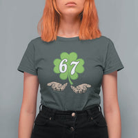 67 St Patricks Day T Shirt For Women Six Seven Meme Shamrock Hand Gesture