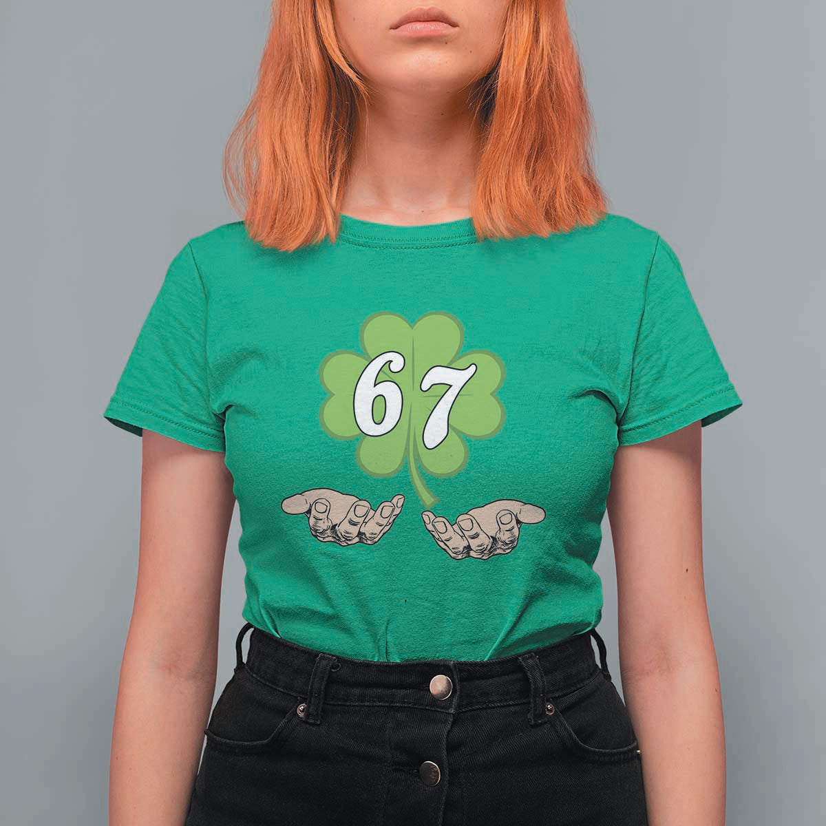 67 St Patricks Day T Shirt For Women Six Seven Meme Shamrock Hand Gesture