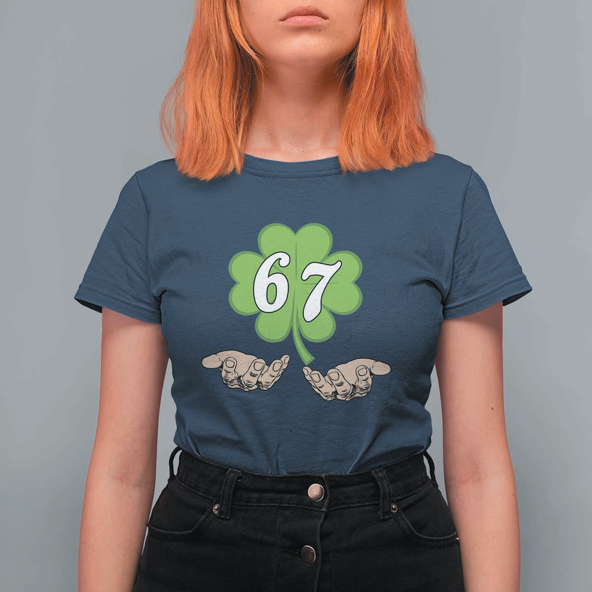 67 St Patricks Day T Shirt For Women Six Seven Meme Shamrock Hand Gesture