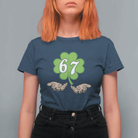 67 St Patricks Day T Shirt For Women Six Seven Meme Shamrock Hand Gesture