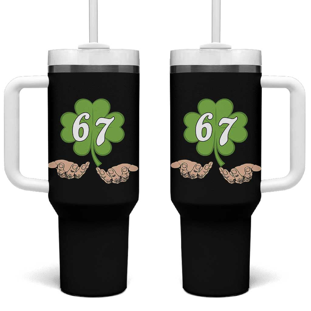 67 St Patricks Day Tumbler With Handle Six Seven Meme Shamrock Hand Gesture