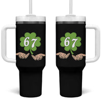 67 St Patricks Day Tumbler With Handle Six Seven Meme Shamrock Hand Gesture