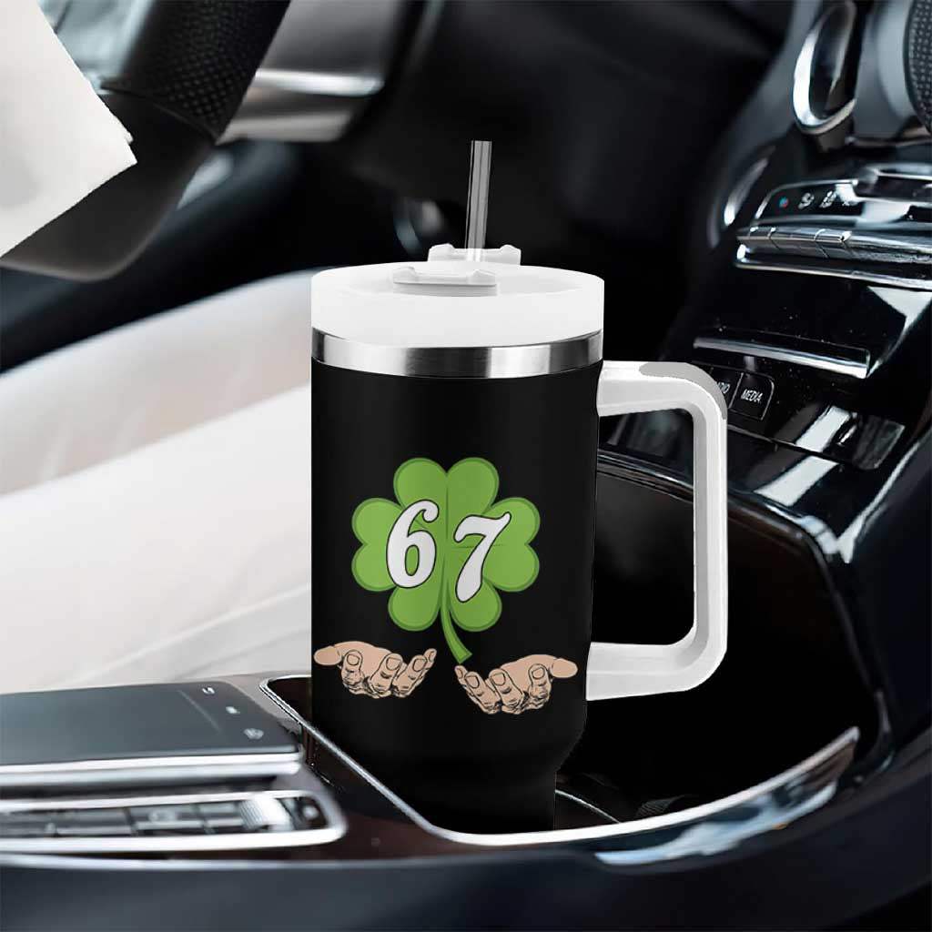 67 St Patricks Day Tumbler With Handle Six Seven Meme Shamrock Hand Gesture